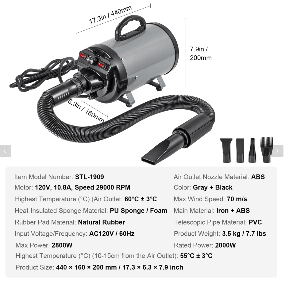 Powerful 2800W Pet Hair Dryer with Adjustable Airflow & Temperature