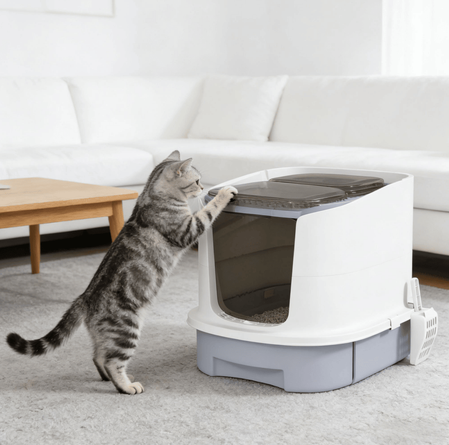 Grayish-White Covered Litter Box with Odor-Free Filter Footplate for Large Cats