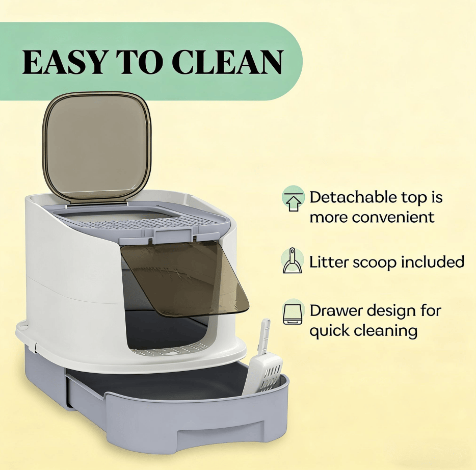 Grayish-White Covered Litter Box with Odor-Free Filter Footplate for Large Cats