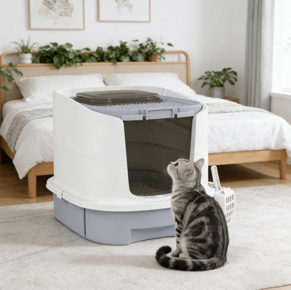 Grayish-White Covered Litter Box with Odor-Free Filter Footplate for Large Cats