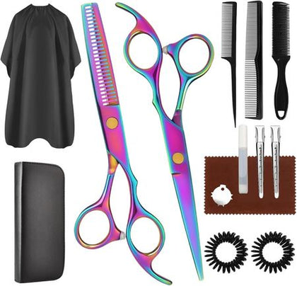 Professional Haircut Scissors Set with Cutting and Thinning Scissors in Rainbow
