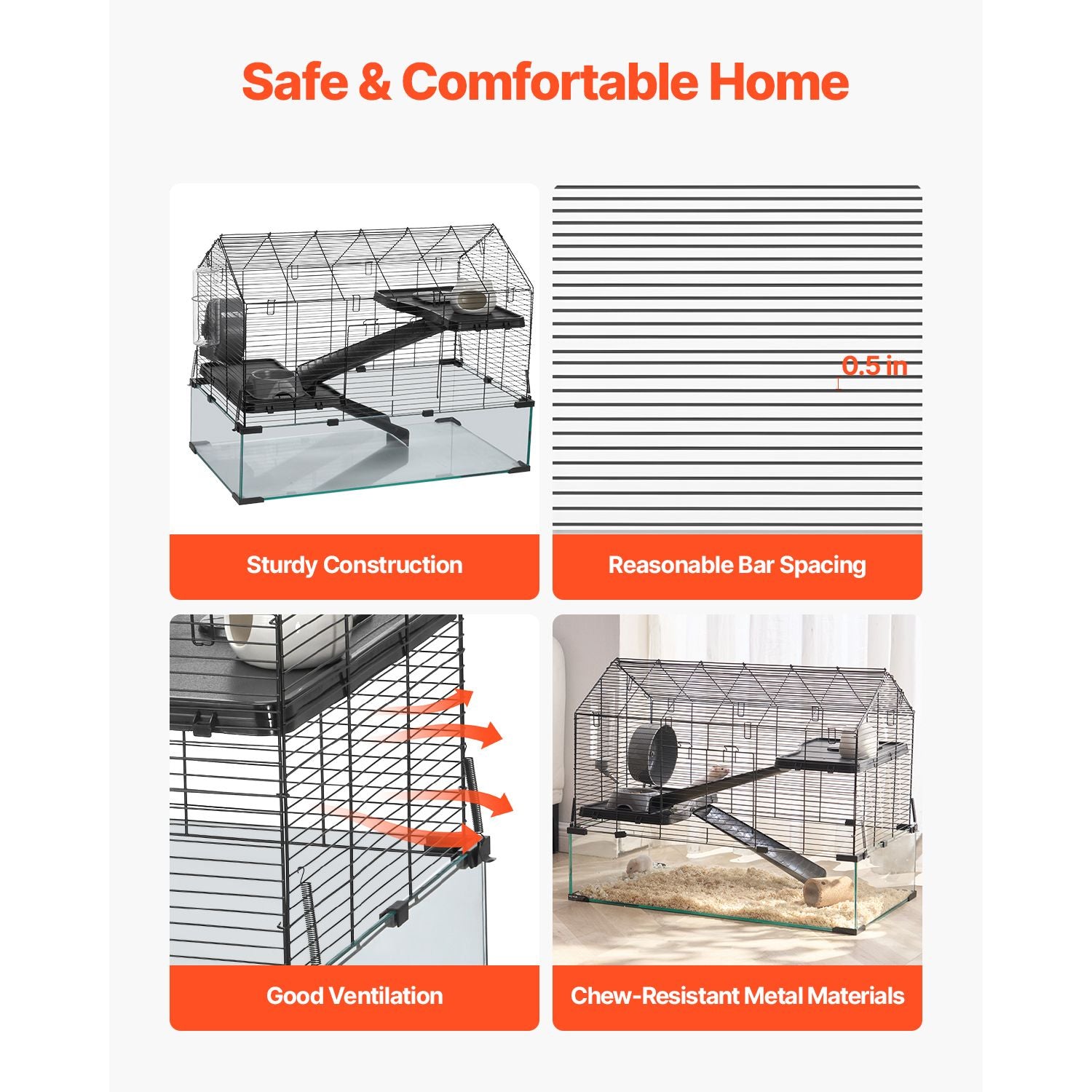 Hamster Cage, 360° Viewing Transparent Hamster Habitats, Small Animal Cage, 29.5 x 17.3 x 24 in, Ventilated Pet Mouse Cages with Water Bottle, Portable Hamster House for Rats, Guinea Pigs