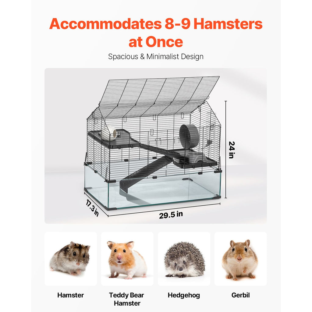Hamster Cage, 360° Viewing Transparent Hamster Habitats, Small Animal Cage, 29.5 x 17.3 x 24 in, Ventilated Pet Mouse Cages with Water Bottle, Portable Hamster House for Rats, Guinea Pigs