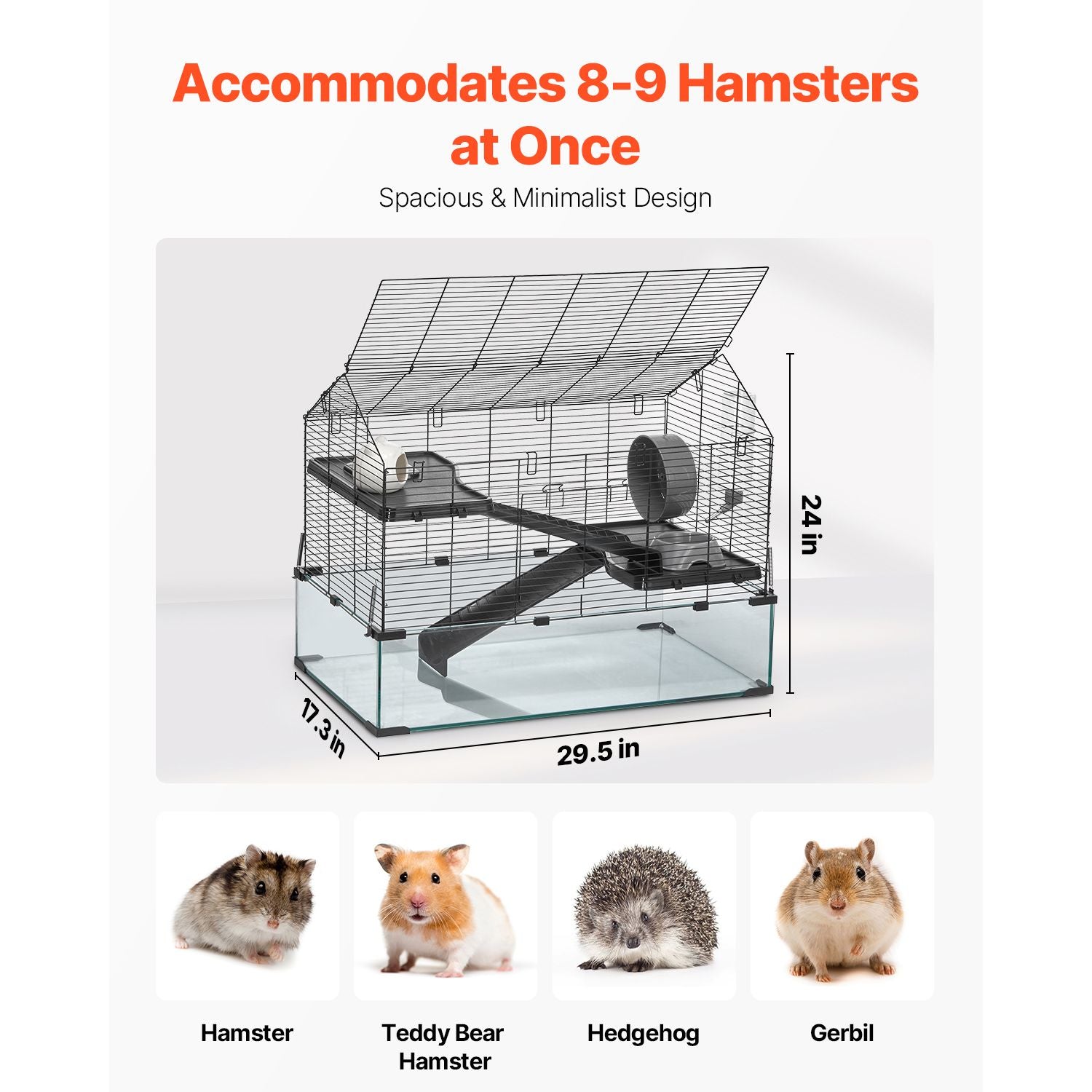 Hamster Cage, 360° Viewing Transparent Hamster Habitats, Small Animal Cage, 29.5 x 17.3 x 24 in, Ventilated Pet Mouse Cages with Water Bottle, Portable Hamster House for Rats, Guinea Pigs