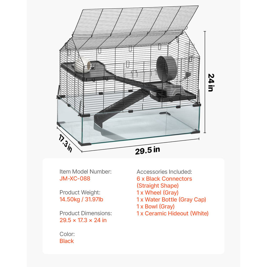 Hamster Cage, 360° Viewing Transparent Hamster Habitats, Small Animal Cage, 29.5 x 17.3 x 24 in, Ventilated Pet Mouse Cages with Water Bottle, Portable Hamster House for Rats, Guinea Pigs