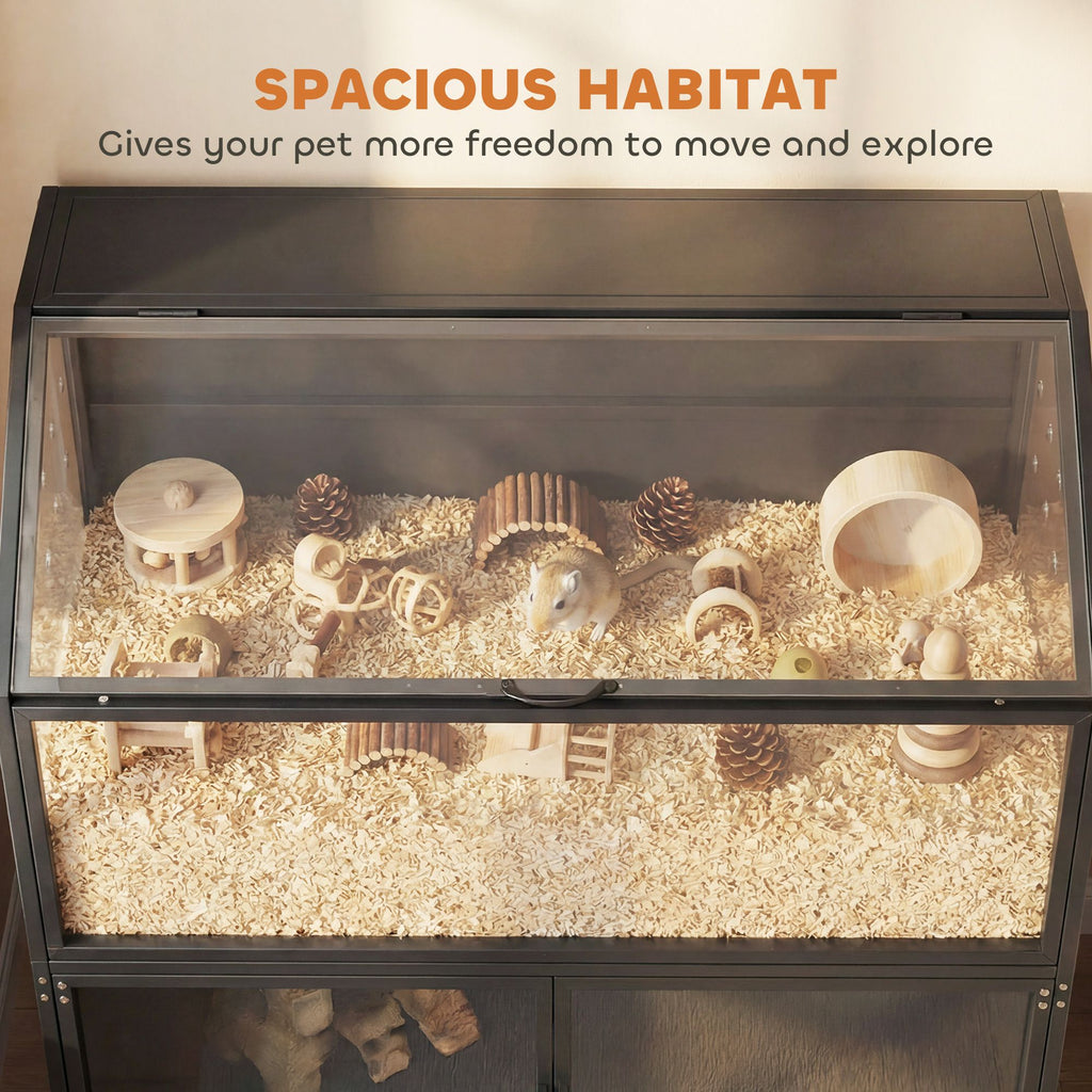 Hamster Cage with Storage Cabinet, Small Animal Cage with Easy View Acrylic Panels and Openable Top