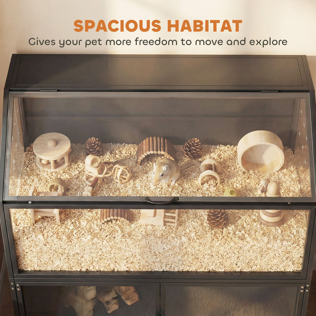 Hamster Cage with Storage Cabinet, Small Animal Cage with Easy View Acrylic Panels and Openable Top