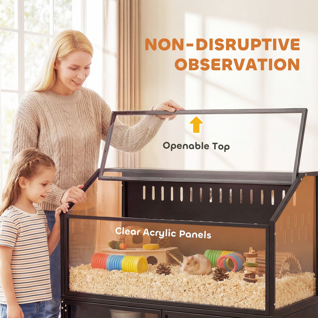Hamster Cage with Storage Cabinet, Small Animal Cage with Easy View Acrylic Panels and Openable Top