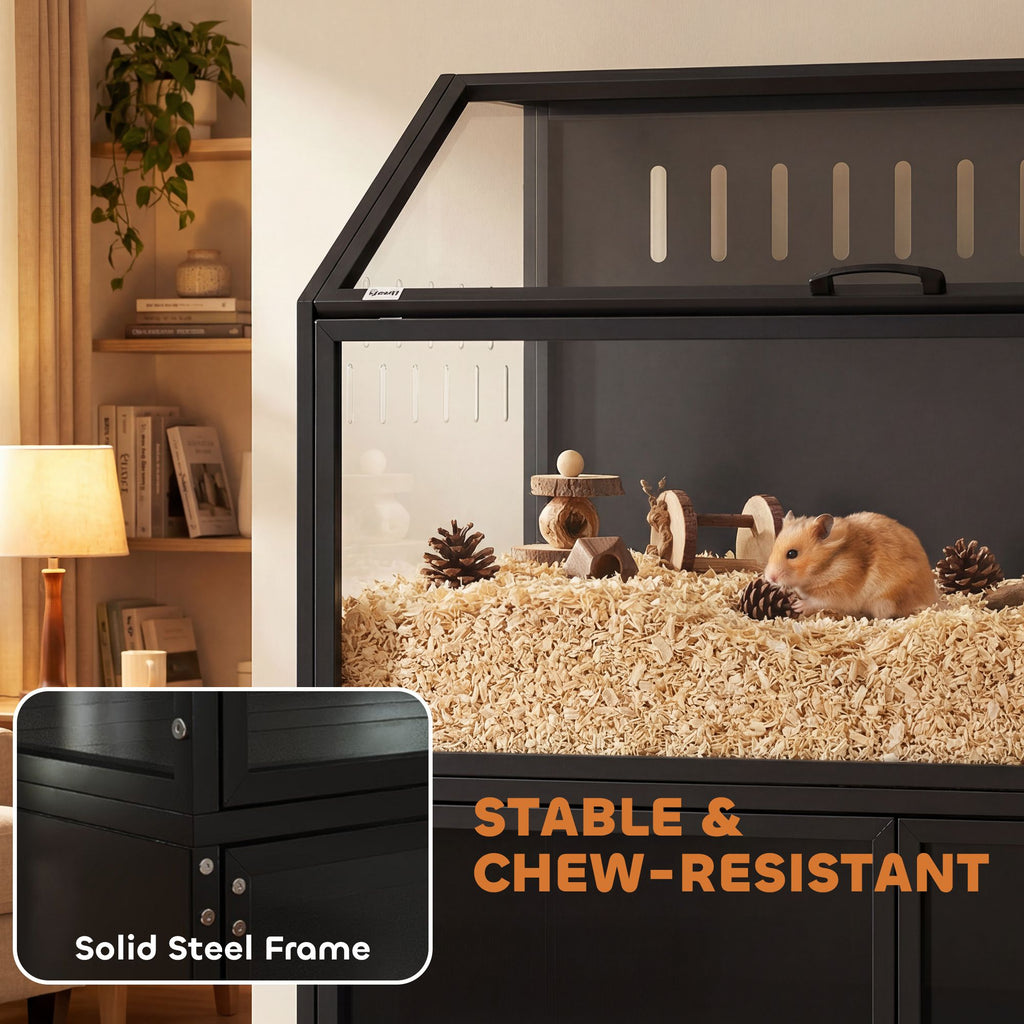Hamster Cage with Storage Cabinet, Small Animal Cage with Easy View Acrylic Panels and Openable Top