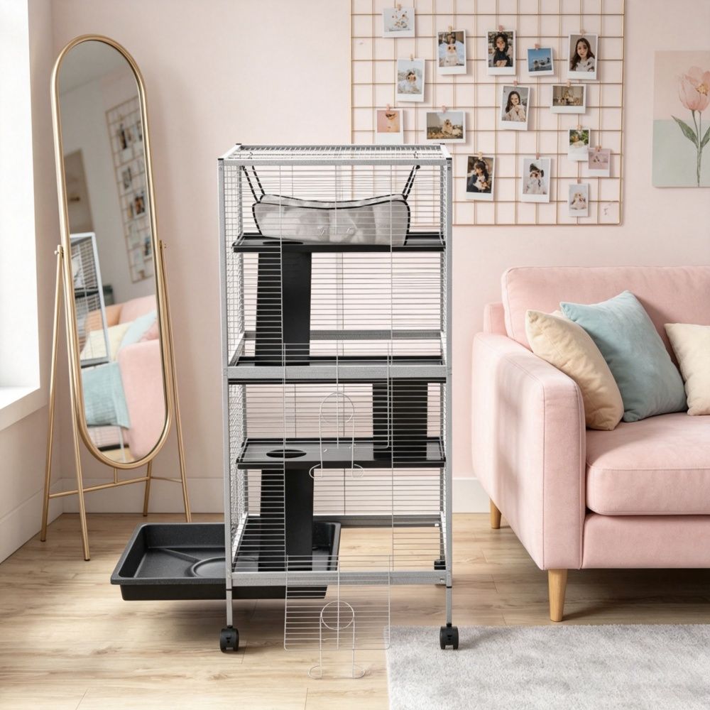 Multi-Level Small Pet Cage with Wheels and Hammock