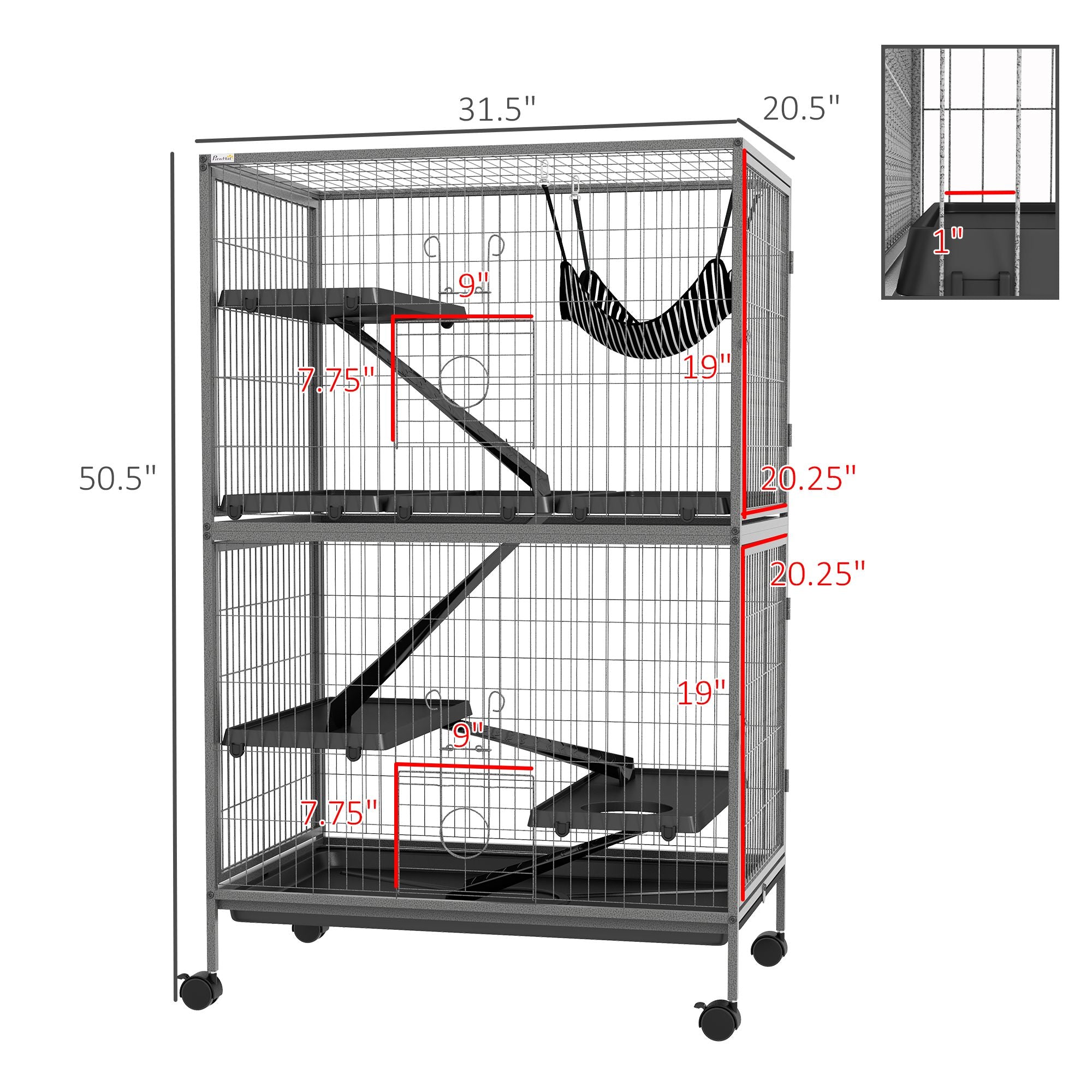 Multi-Level Ferret Cage with Wheels and Hammock