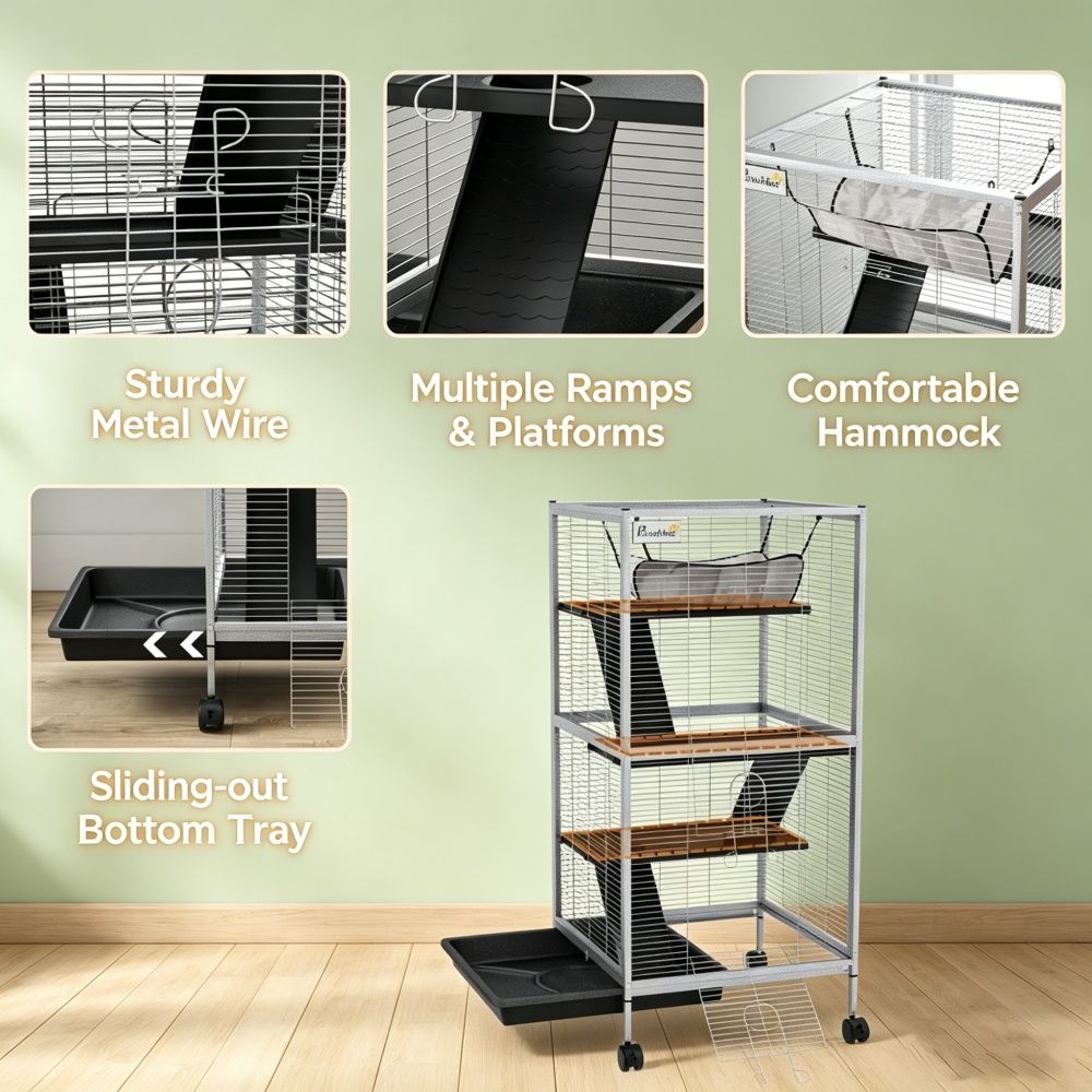 Multi-Level Small Pet Cage with Wheels and Hammock