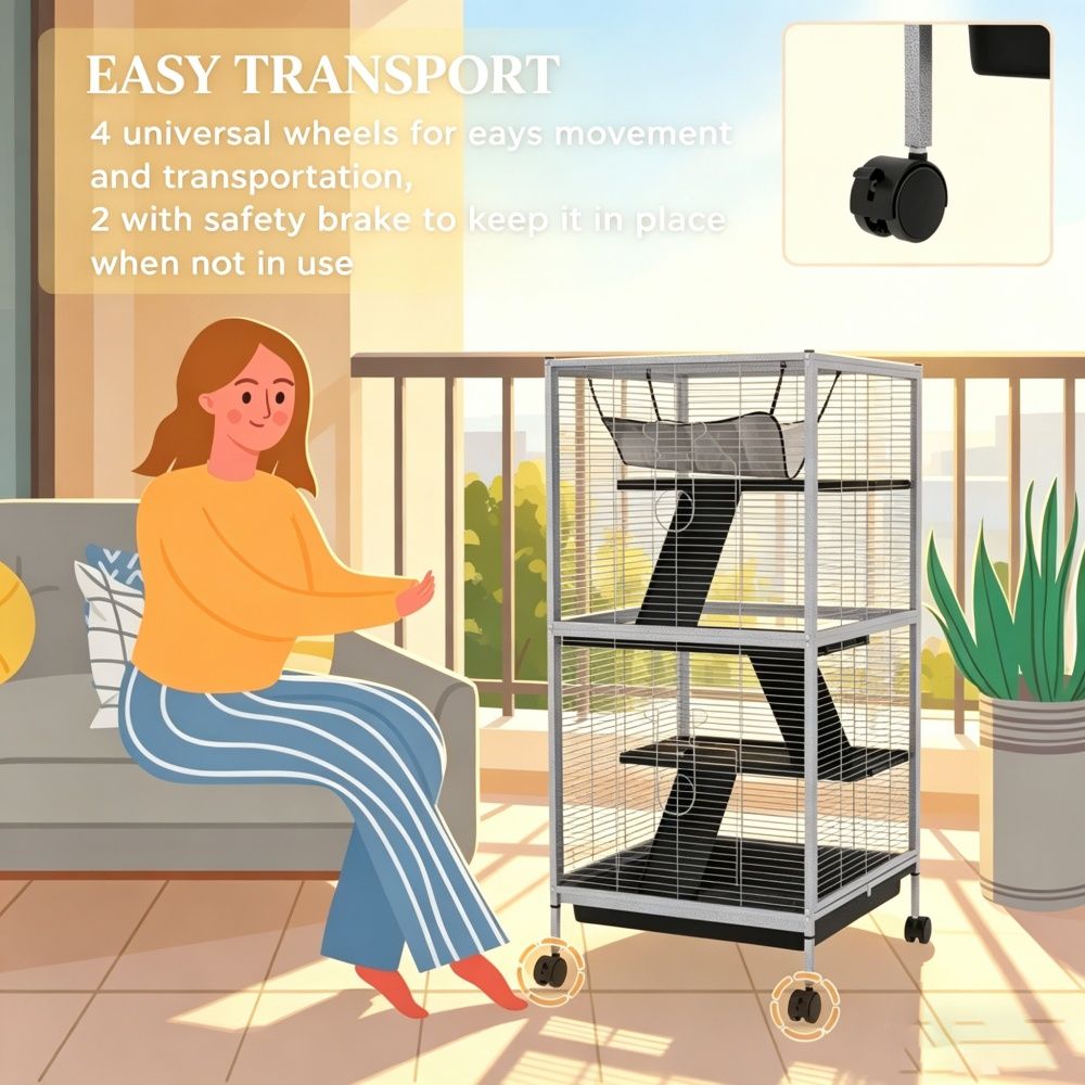 Multi-Level Small Pet Cage with Wheels and Hammock