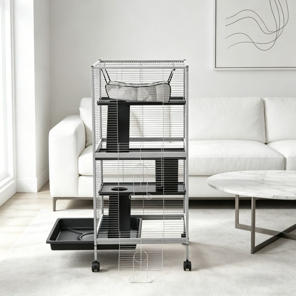 Multi-Level Small Pet Cage with Wheels and Hammock