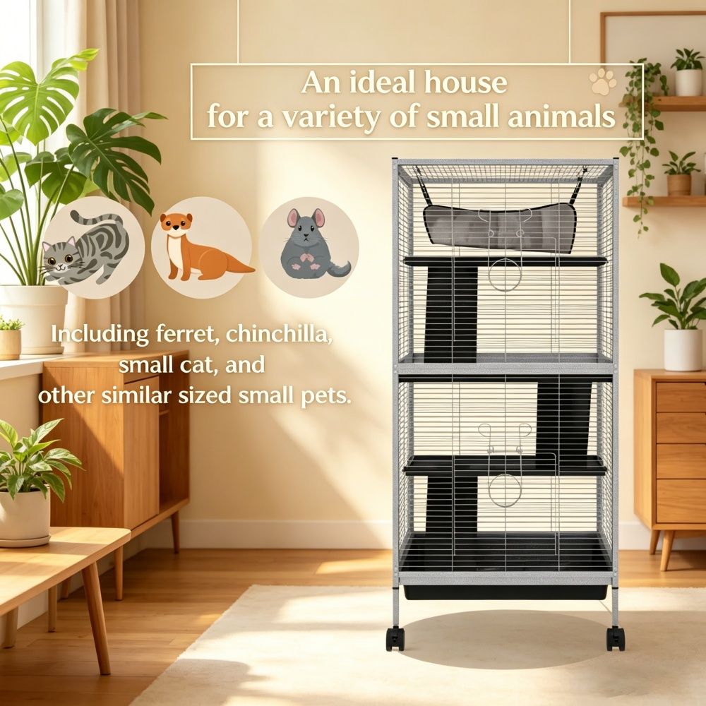 Multi-Level Small Pet Cage with Wheels and Hammock