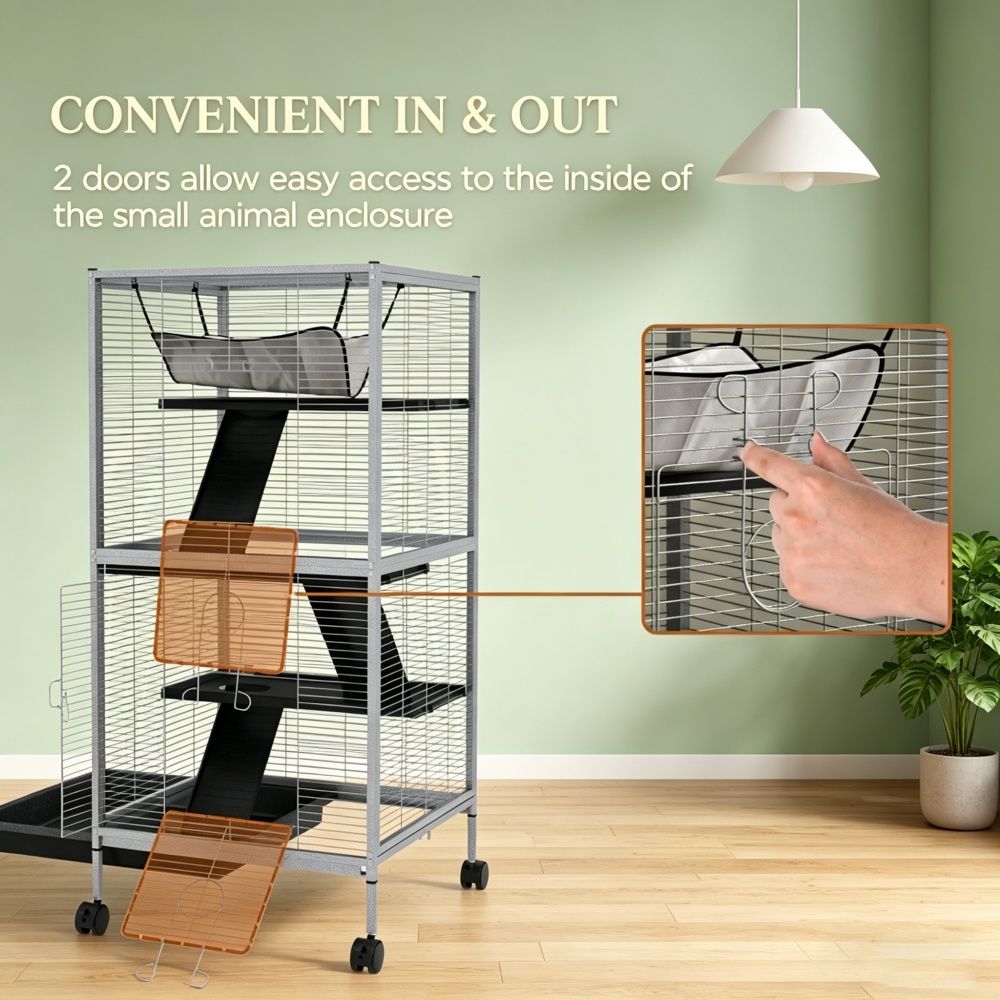 Multi-Level Small Pet Cage with Wheels and Hammock
