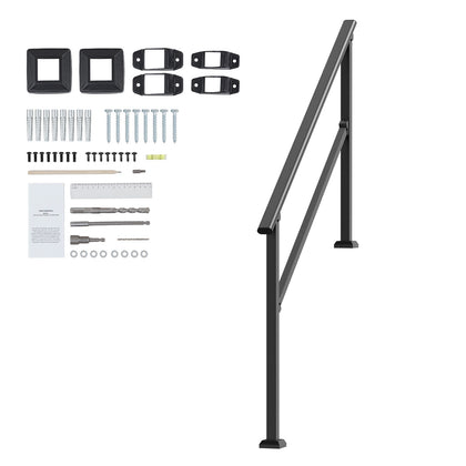 Handrails for Outdoor Steps, 4-5 Step Stair Hand Rail Kit, Transitional Carbon Steel Railings with Installation Kit, Stair Rails for Seniors, Concrete Steps & Porch & Deck, Black Square Tube