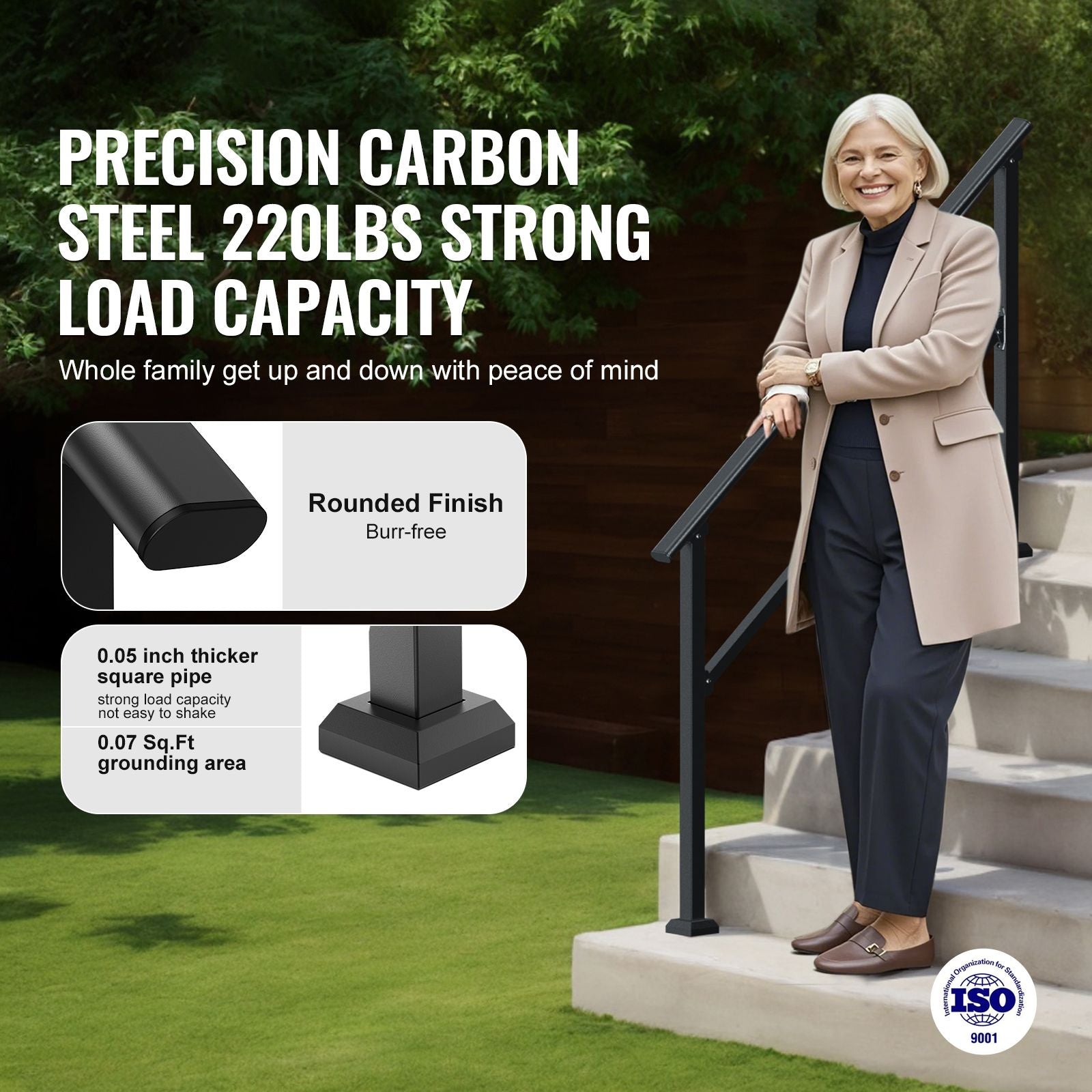 Handrails for Outdoor Steps, 4-5 Step Stair Hand Rail Kit, Transitional Carbon Steel Railings with Installation Kit, Stair Rails for Seniors, Concrete Steps & Porch & Deck, Black Square Tube