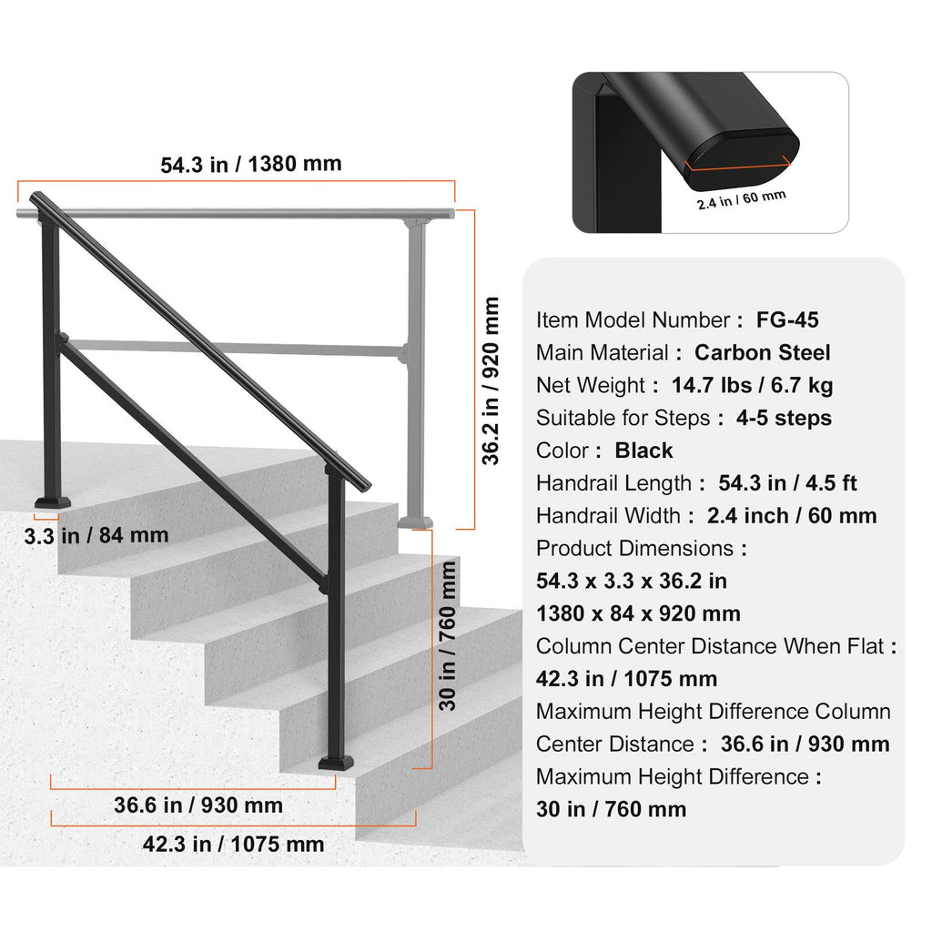 Handrails for Outdoor Steps, 4-5 Step Stair Hand Rail Kit, Transitional Carbon Steel Railings with Installation Kit, Stair Rails for Seniors, Concrete Steps & Porch & Deck, Black Square Tube