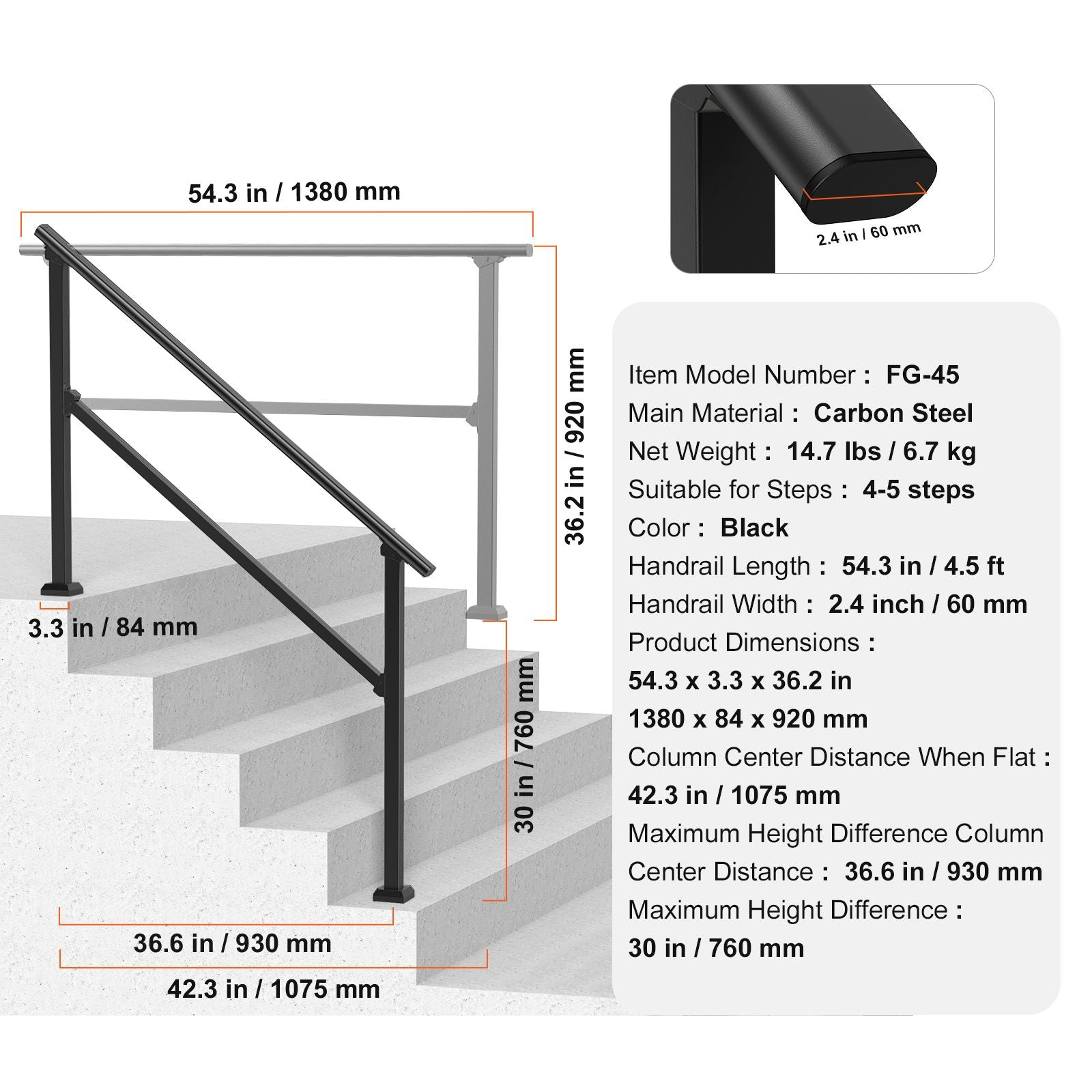 Handrails for Outdoor Steps, 4-5 Step Stair Hand Rail Kit, Transitional Carbon Steel Railings with Installation Kit, Stair Rails for Seniors, Concrete Steps & Porch & Deck, Black Square Tube