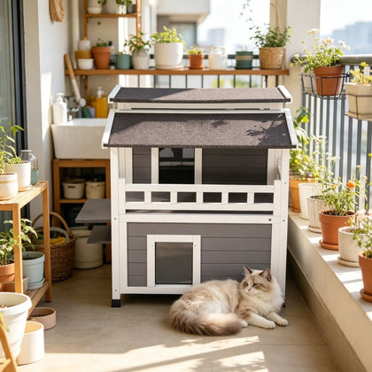Weatherproof Insulated Outdoor Cat House with Two-Story Lounge