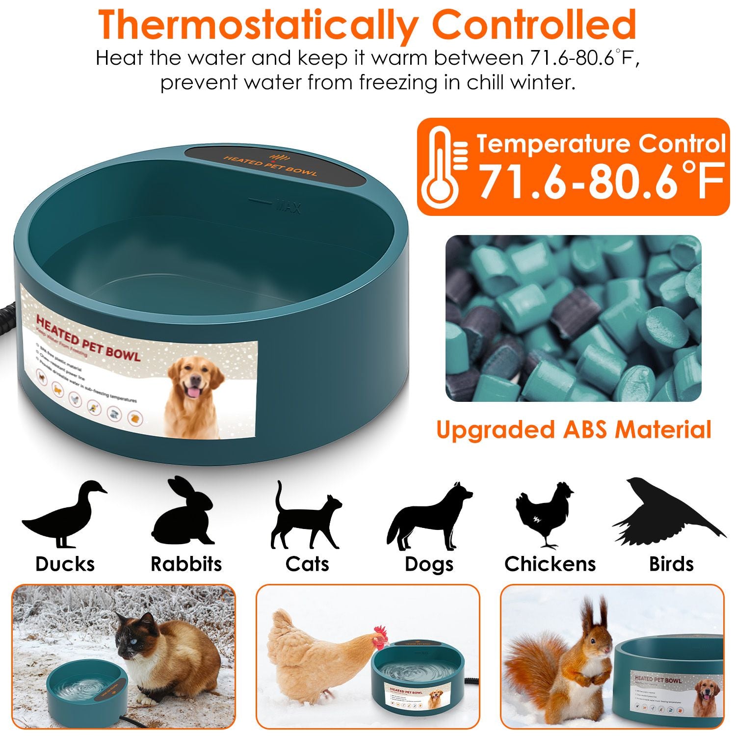 Heated Water Bowl for Dog Cat Heating Water Dish IP67 water-ready Thermal Water Bowl Heated Pe