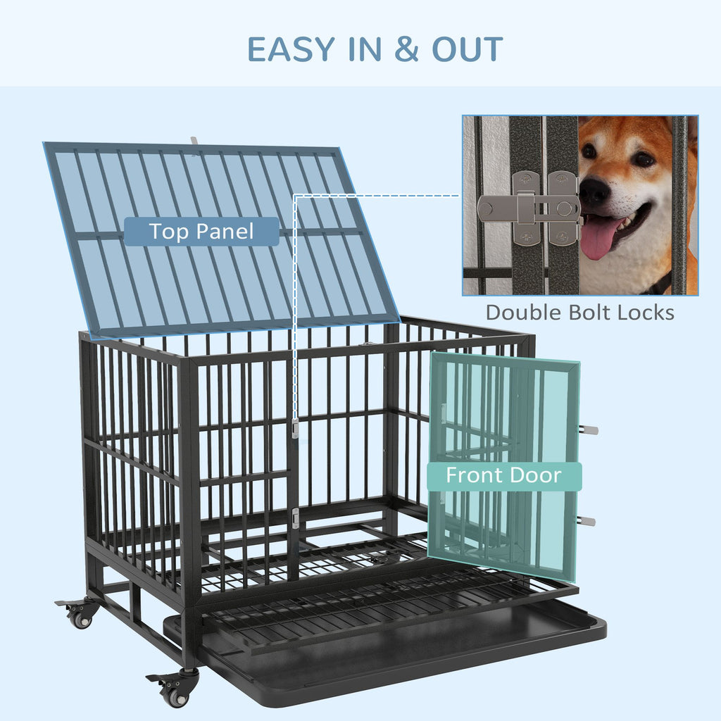 Heavy Duty Dog Cage 36 Metal Kennel with Lockable Wheels Double Door Removable Tray Gray