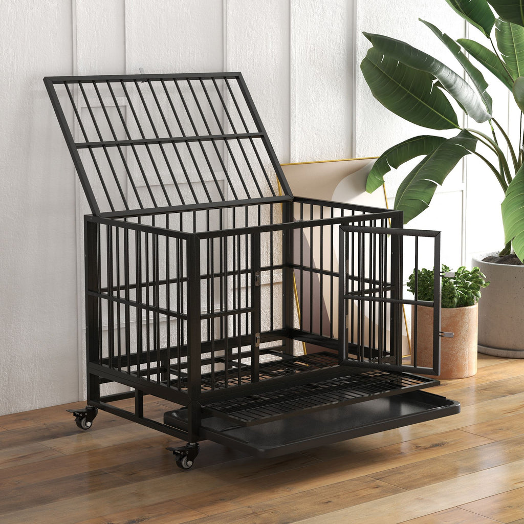 Heavy Duty Dog Cage 36 Metal Kennel with Lockable Wheels Double Door Removable Tray Gray