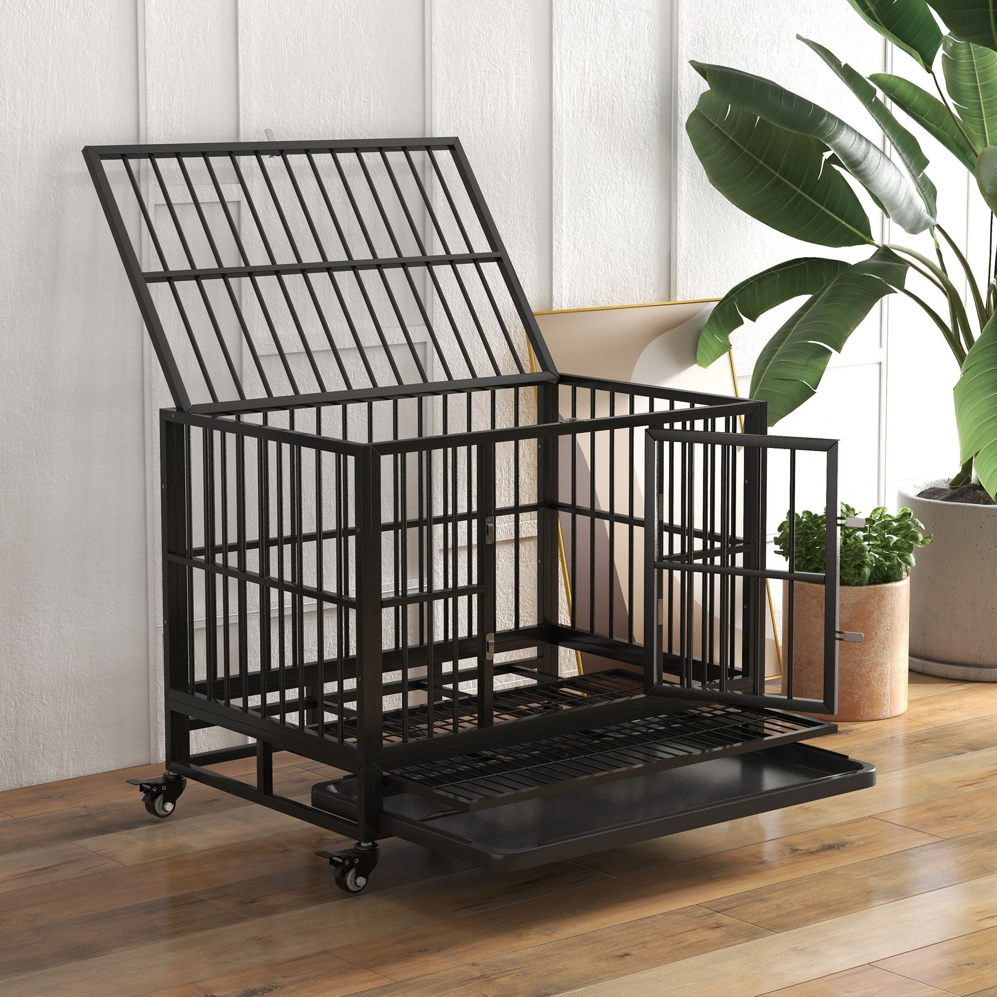 Heavy Duty Dog Cage 36 Metal Kennel with Lockable Wheels Double Door Removable Tray Gray