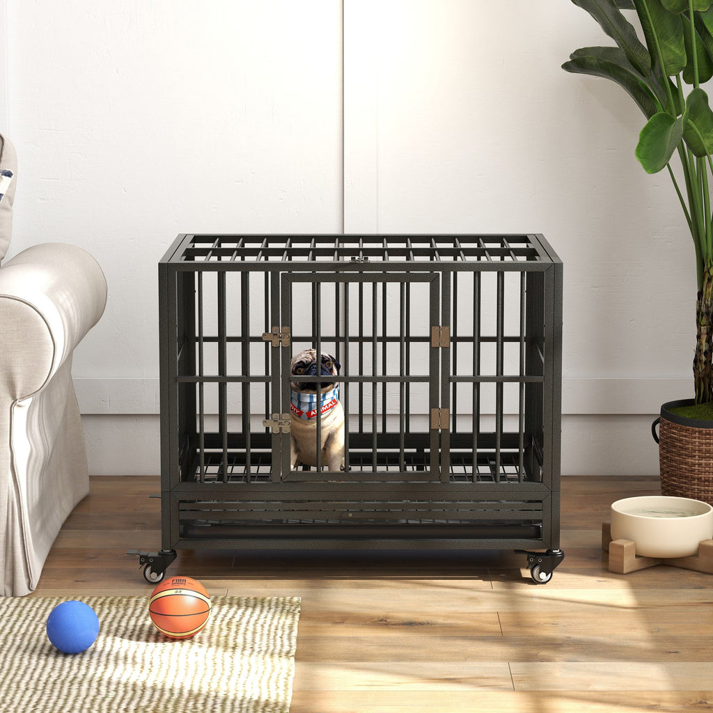 Heavy Duty Dog Cage 36 Metal Kennel with Lockable Wheels Double Door Removable Tray Gray