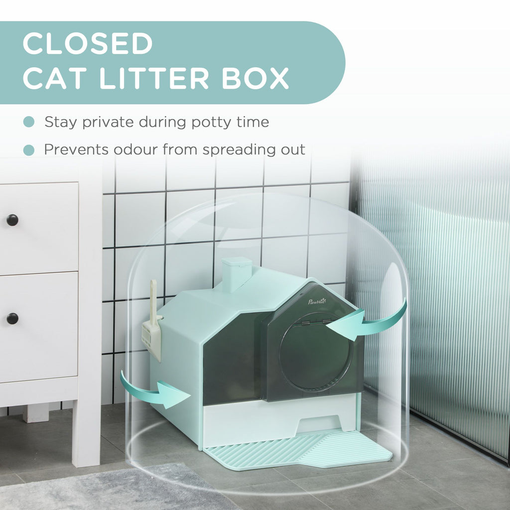 Hooded Cat Litter Box with Mat, Particle Catching, Easy Clean, Light Blue