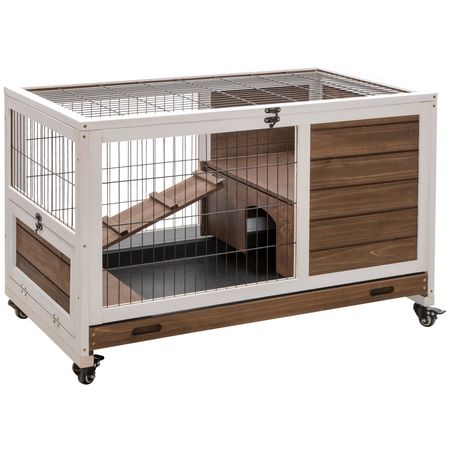 Indoor Rabbit Enclosure, on Wheels Rabbit Hutch Small Animal House with Pull Out Tray Ramp Brown