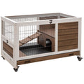 Indoor Rabbit Enclosure, on Wheels Rabbit Hutch Small Animal House with Pull Out Tray Ramp Brown