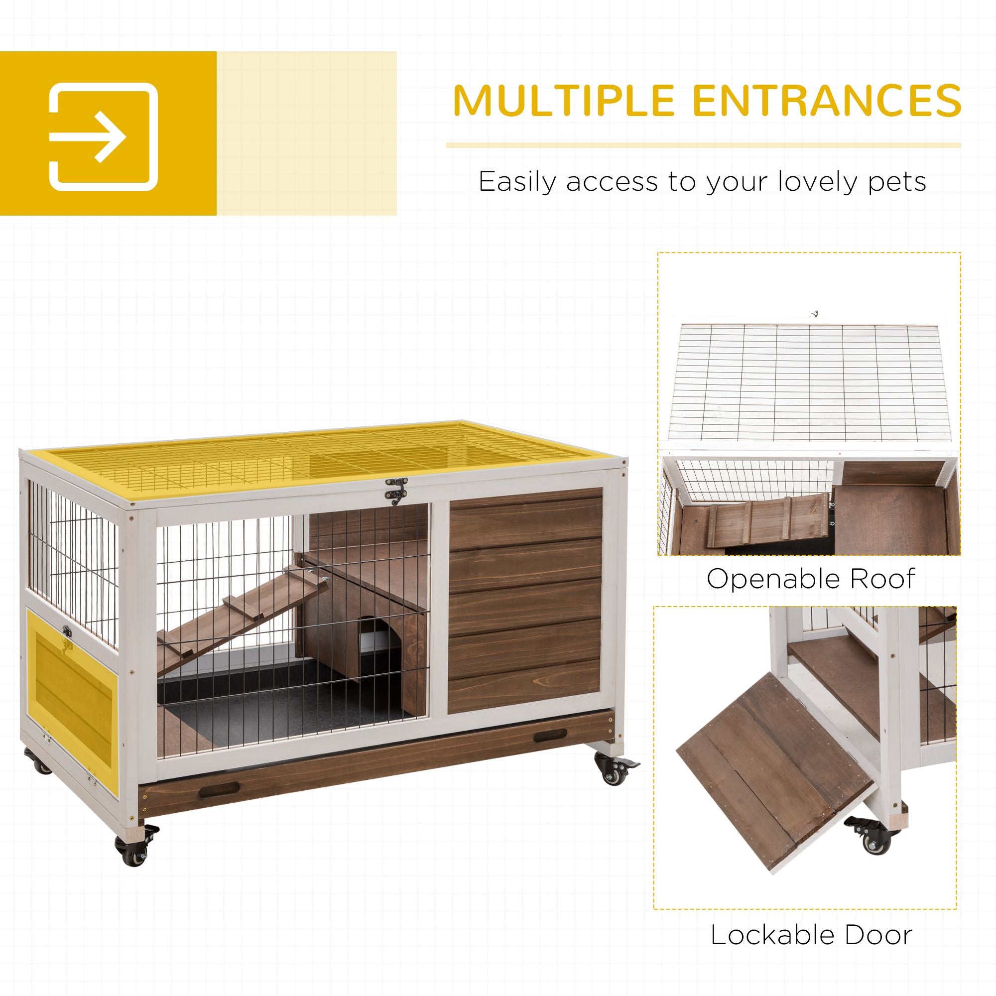 Indoor Rabbit Enclosure, on Wheels Rabbit Hutch Small Animal House with Pull Out Tray Ramp Brown