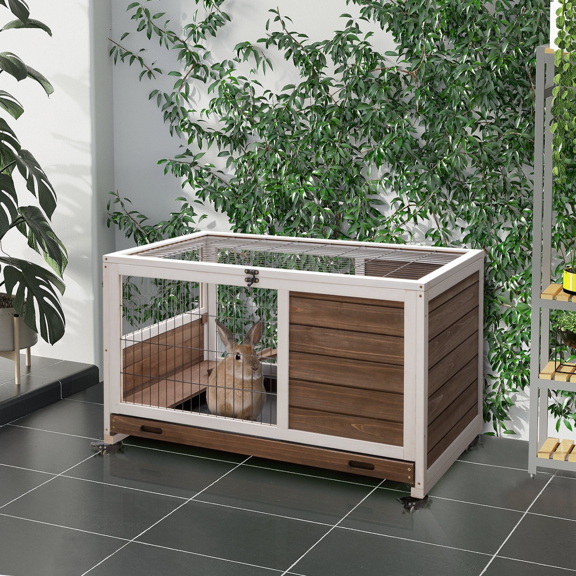 Indoor Rabbit Enclosure, on Wheels Rabbit Hutch Small Animal House with Pull Out Tray Ramp Brown