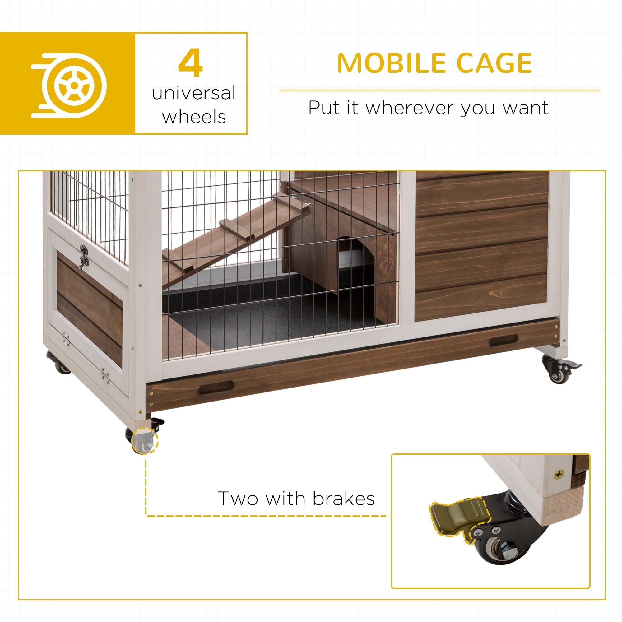 Indoor Rabbit Enclosure, on Wheels Rabbit Hutch Small Animal House with Pull Out Tray Ramp Brown