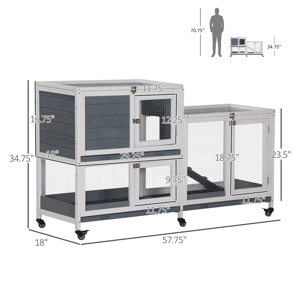 Spacious Two-Story Indoor Rabbit Hutch with Wheels and Leak-Proof Tray