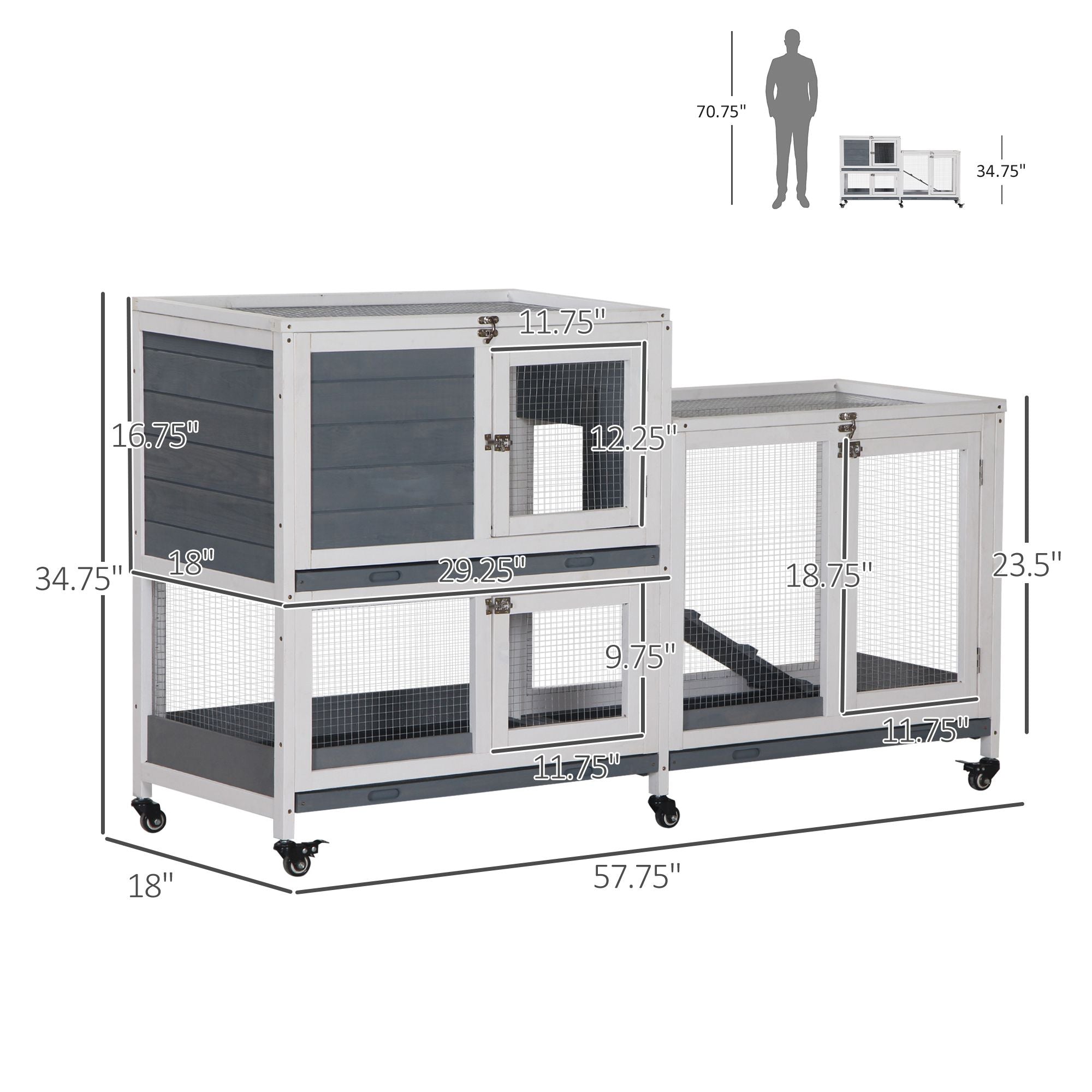 Spacious Two-Story Indoor Rabbit Hutch with Wheels and Leak-Proof Tray