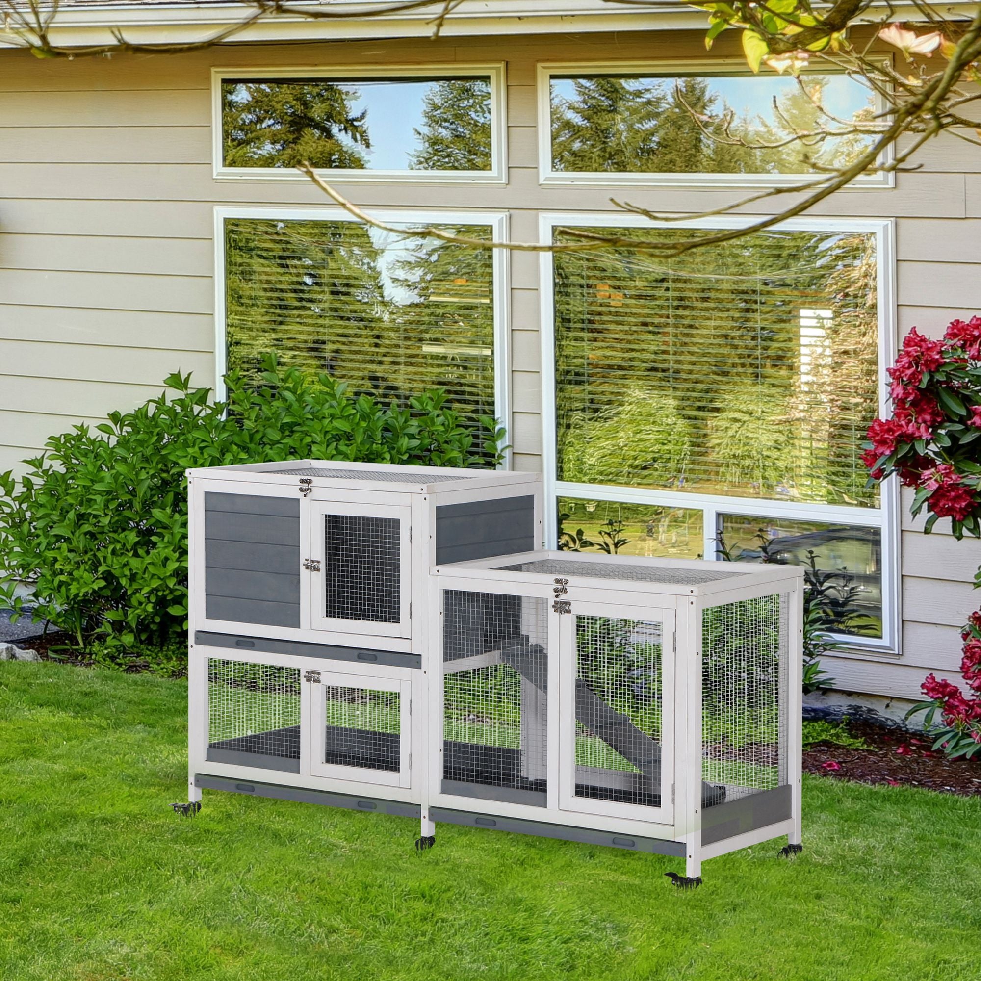 Spacious Two-Story Indoor Rabbit Hutch with Wheels and Leak-Proof Tray