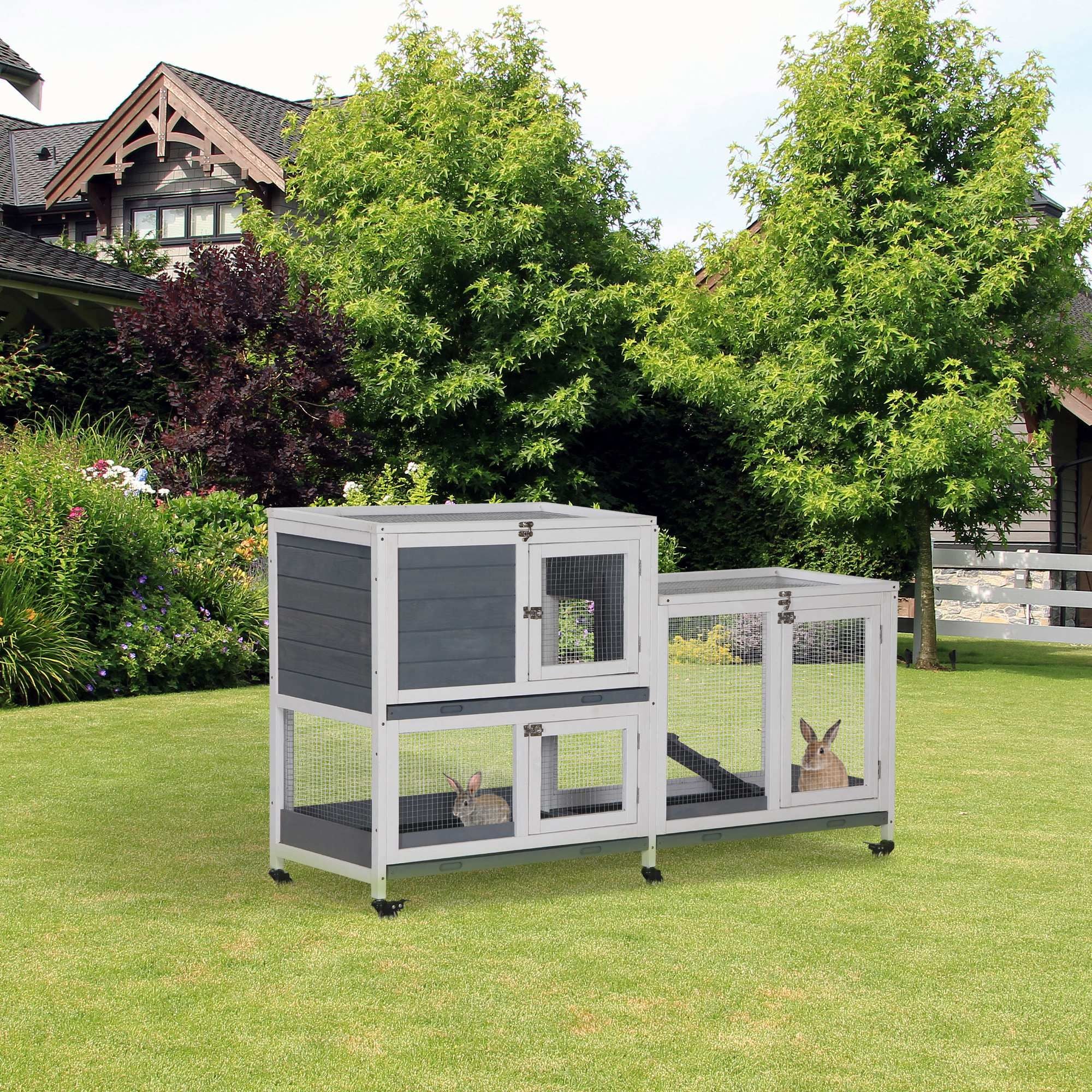 Spacious Two-Story Indoor Rabbit Hutch with Wheels and Leak-Proof Tray