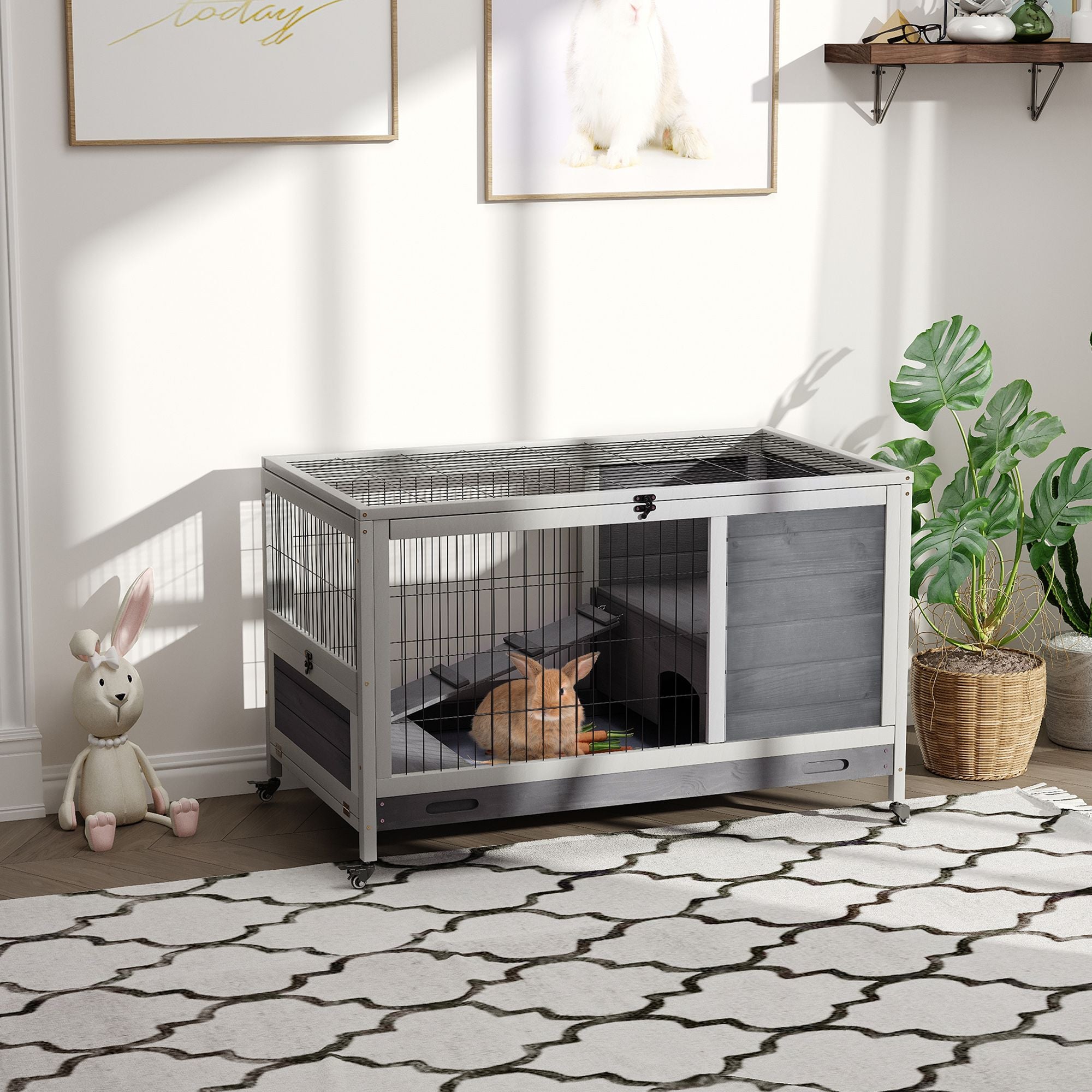 furniture-style Indoor Rabbit Enclosure with Wheels and Removable Tray