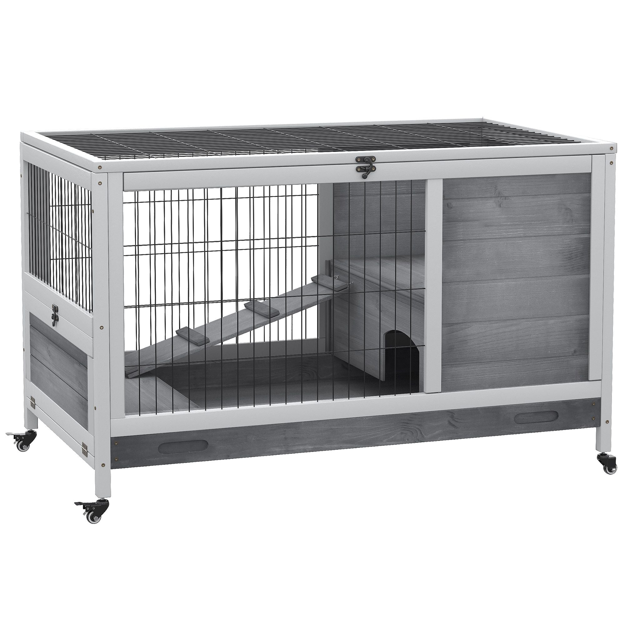 furniture-style Indoor Rabbit Enclosure with Wheels and Removable Tray