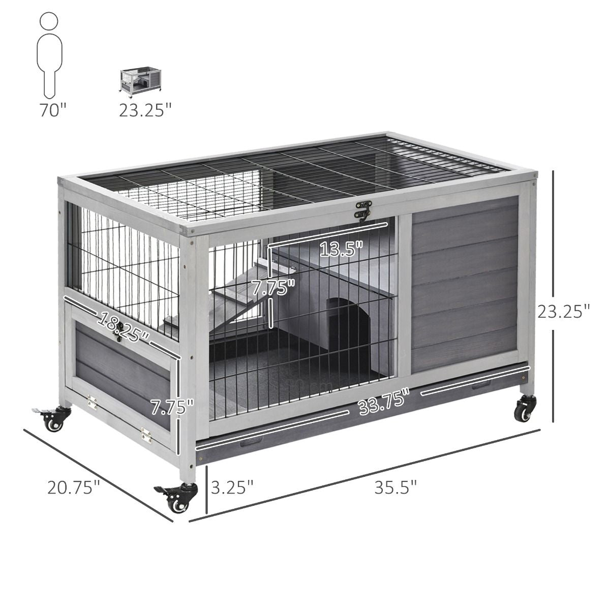 furniture-style Indoor Rabbit Enclosure with Wheels and Removable Tray
