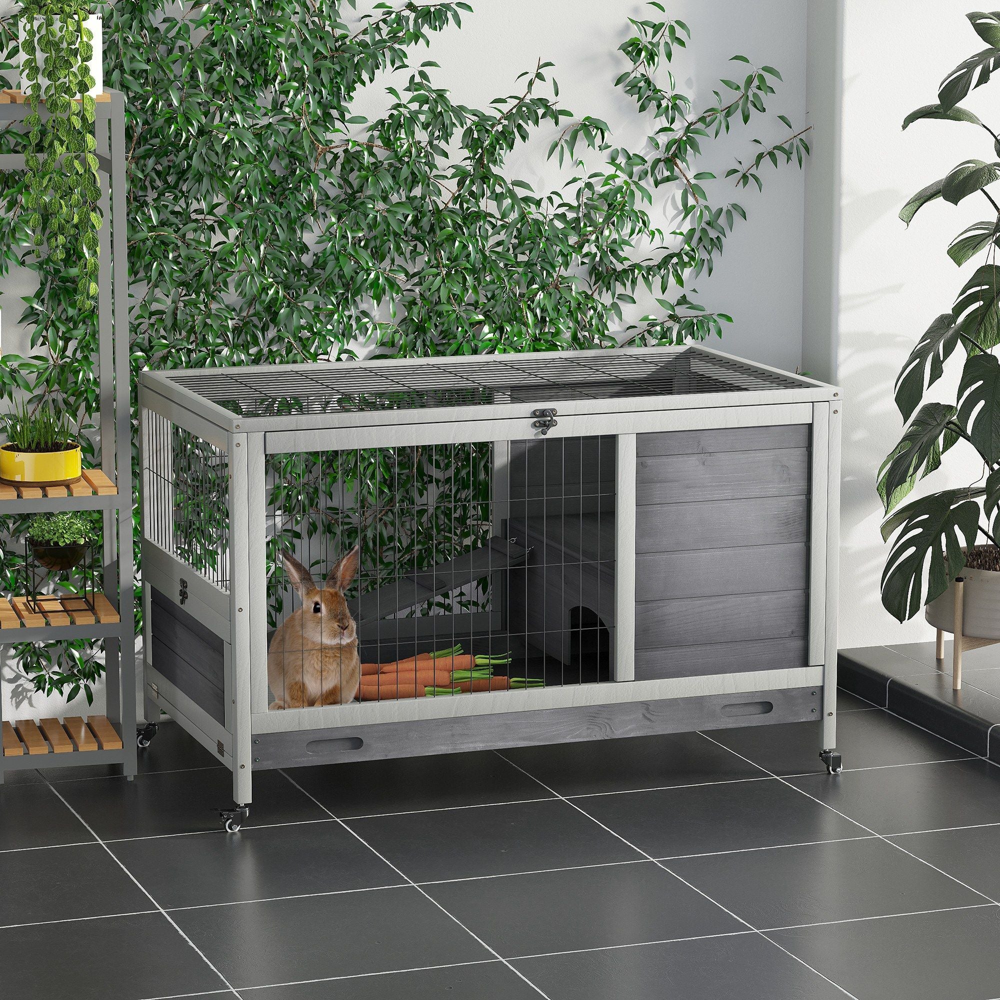 furniture-style Indoor Rabbit Enclosure with Wheels and Removable Tray