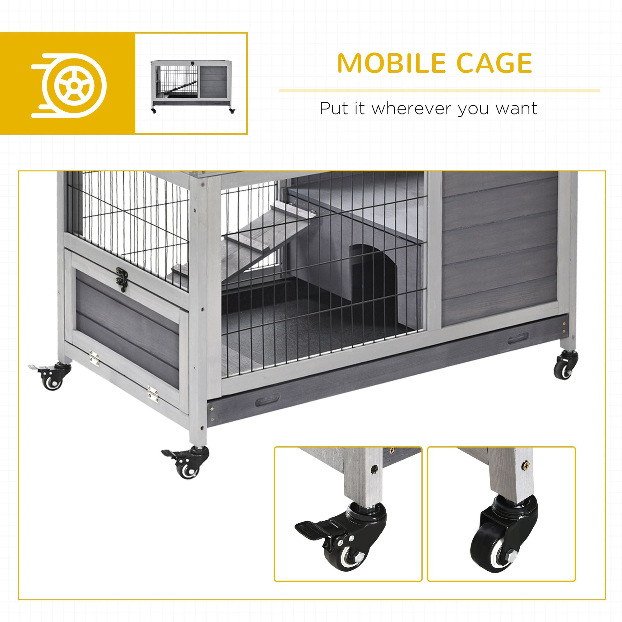 furniture-style Indoor Rabbit Enclosure with Wheels and Removable Tray