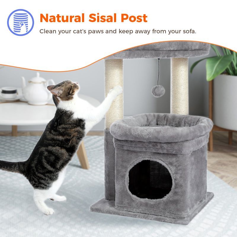 Indoor Sisal Cat Tower with Scratching Posts and Dangling Ball