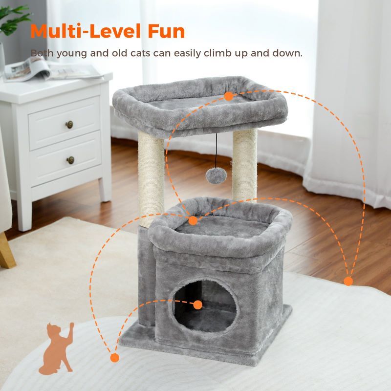 Indoor Sisal Cat Tower with Scratching Posts and Dangling Ball