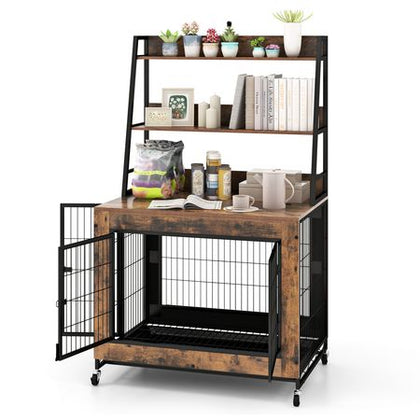 Industrial Dog Crate with Storage Shelves and 3 Doors