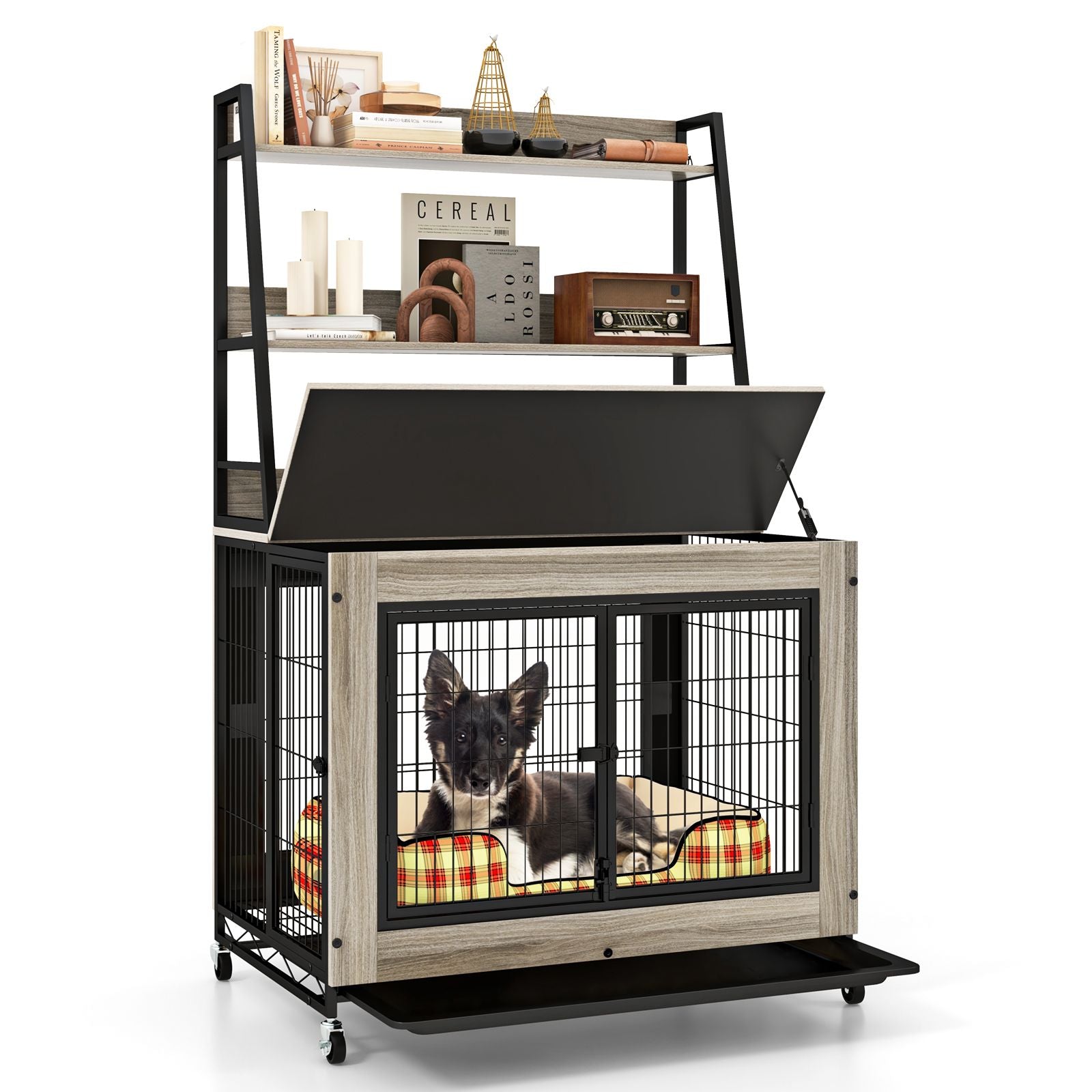 Industrial Dog Crate with Storage Shelves and 3 Doors
