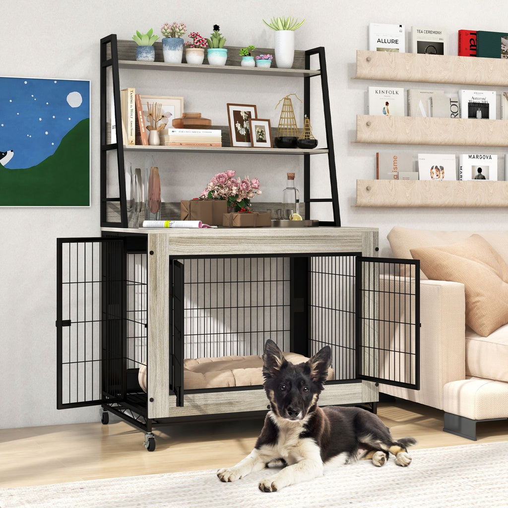 Industrial Dog Crate with Storage Shelves and 3 Doors